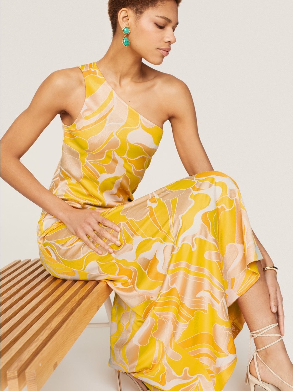 Alexis One-Shoulder Yellow Floral Midi Dress - Picture 4 of 10